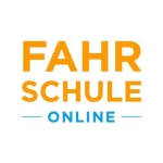 Fahrschule online Textzug in orangener und blauer Farbe